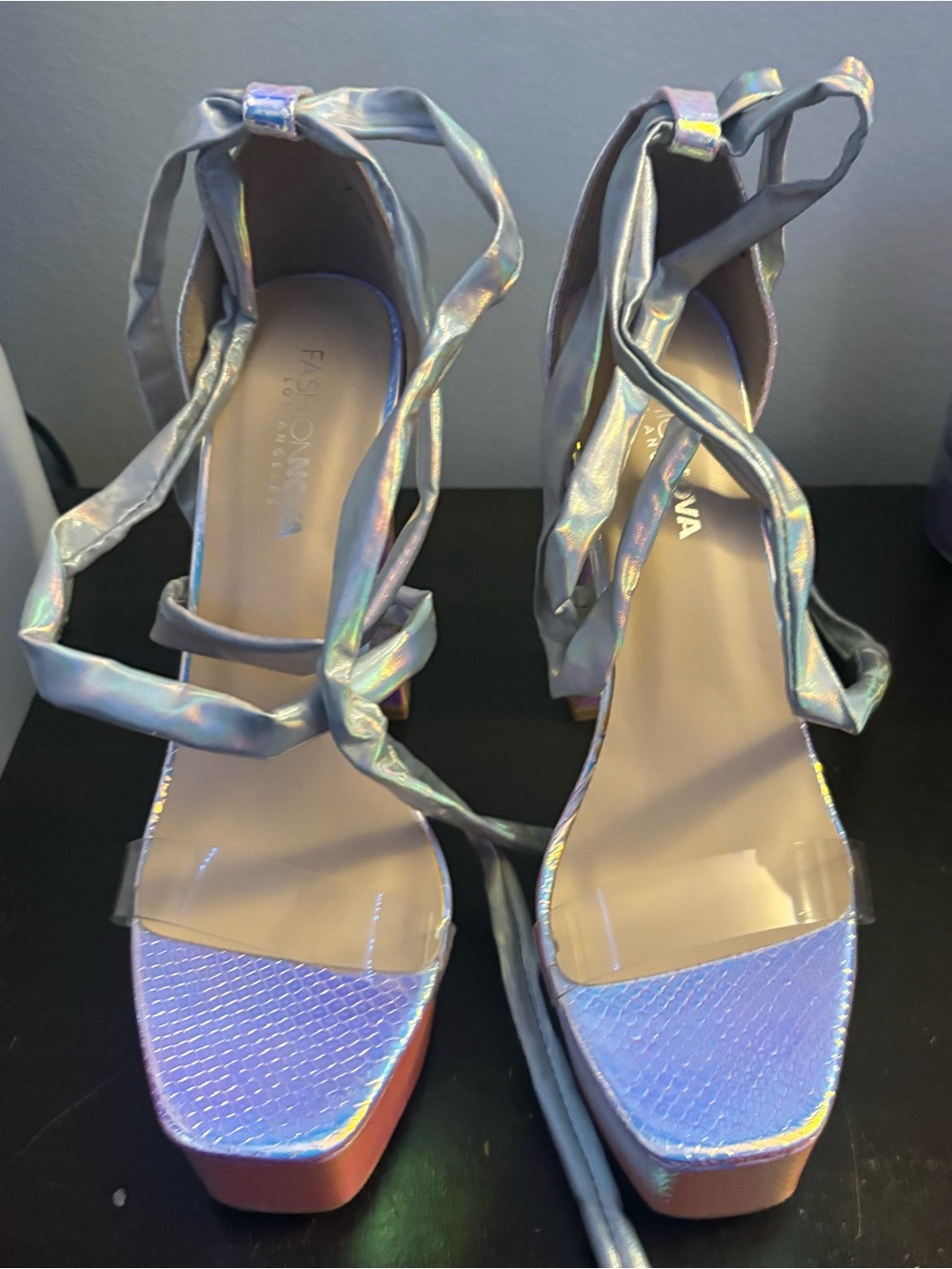Fashion Nova Iridescent Lavender Tie-Strap Platform Sandals
